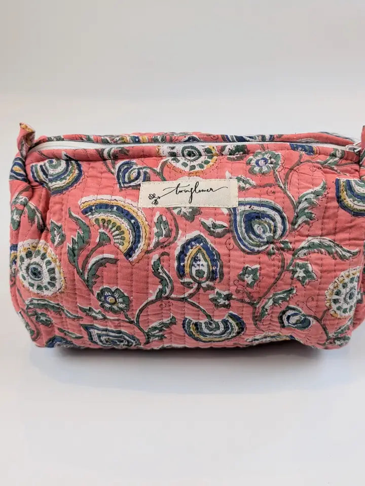 Fan Flower Pink Block Print Quilted Large Washbag - Precious Sparkle