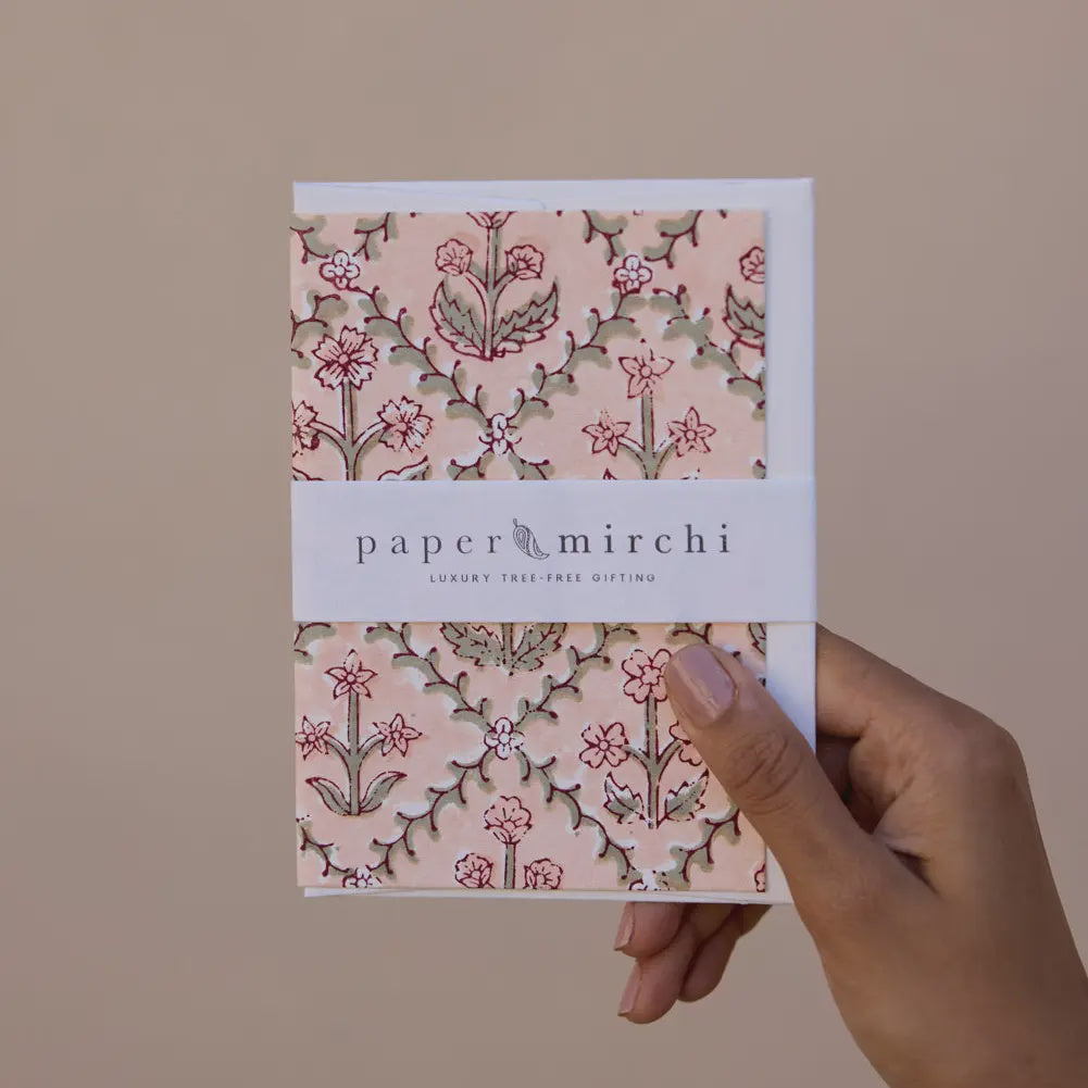 Hand Block Printed Greeting Card - Floral Lattice Terracotta - Precious Sparkle