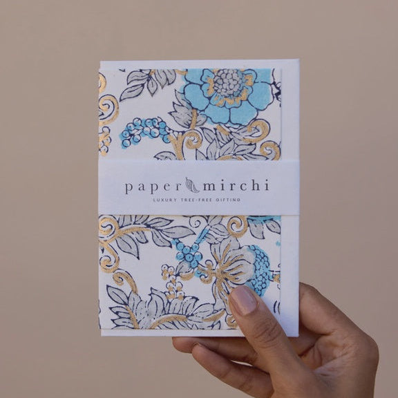 Paper Mirchi Block Printed Card Wild Rose Blue Opal