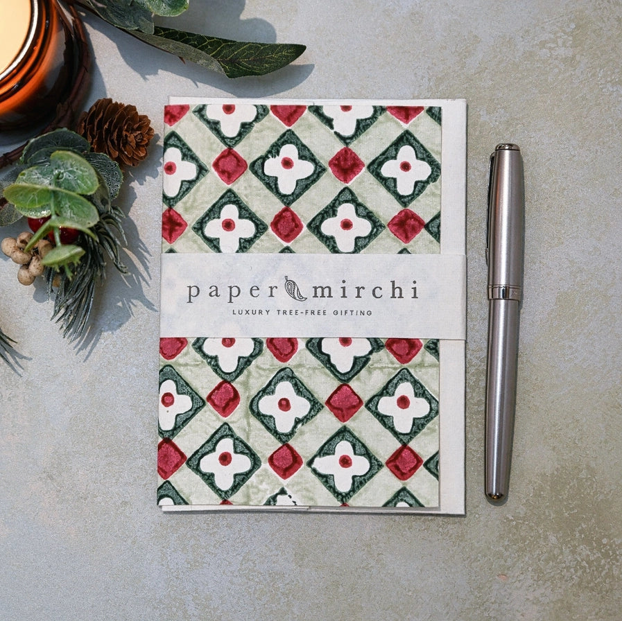 Hand Block Printed Greeting Card Floral Checks Sage - Precious Sparkle