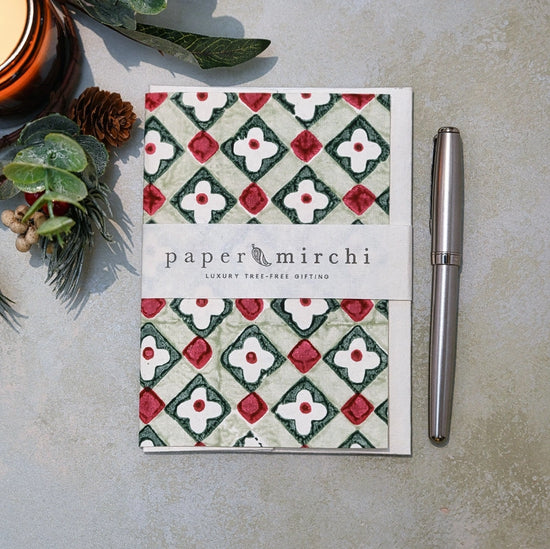 Hand Block Printed Greeting Card Floral Checks Sage - Precious Sparkle
