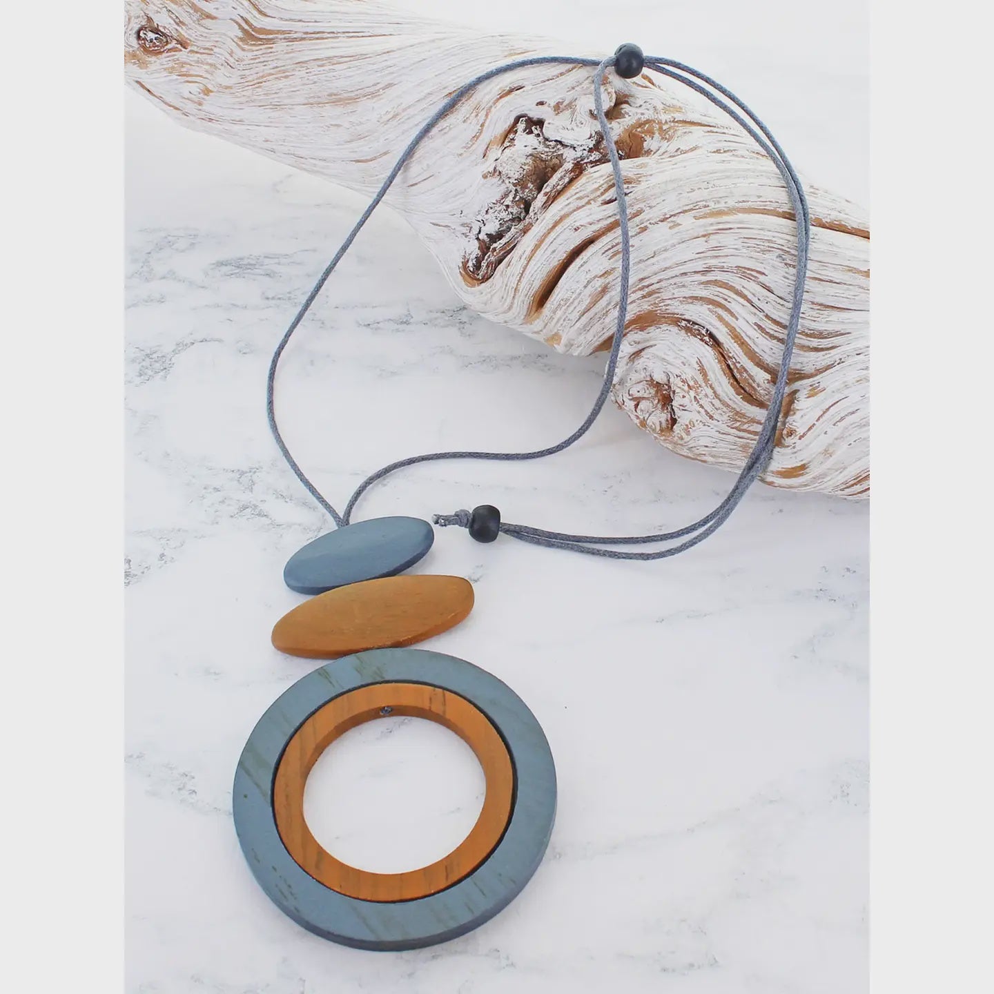 Suzie Blue Wooden Double Ring & Oval Pendant