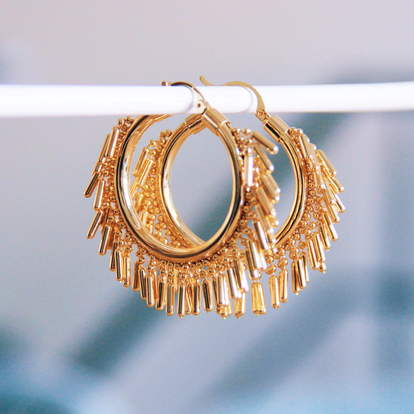 Bazou Chain Fringe Gold Hoop Earrings