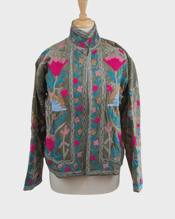 Green & Fuchsia Velvet Suzani Kimono Embroidered Boho Jacket