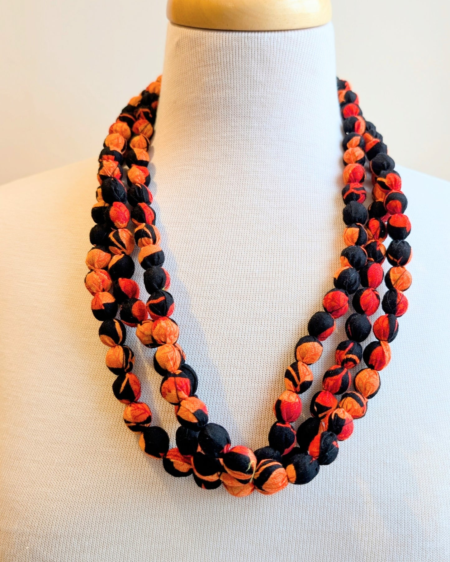 Indian Fabric Handmade Beaded Necklace Orange & Black - Precious Sparkle