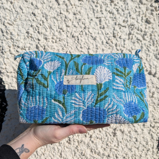 Aqua Floral Block Print Quilted Large Washbag - Precious Sparkle