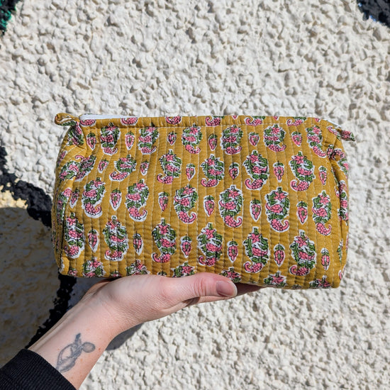 Yellow & Pink Flower Block Print Quilted Large Washbag - Precious Sparkle