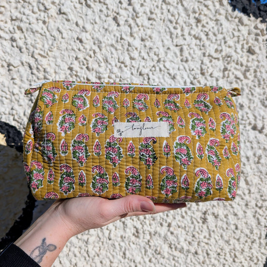 Yellow & Pink Flower Block Print Quilted Large Washbag - Precious Sparkle