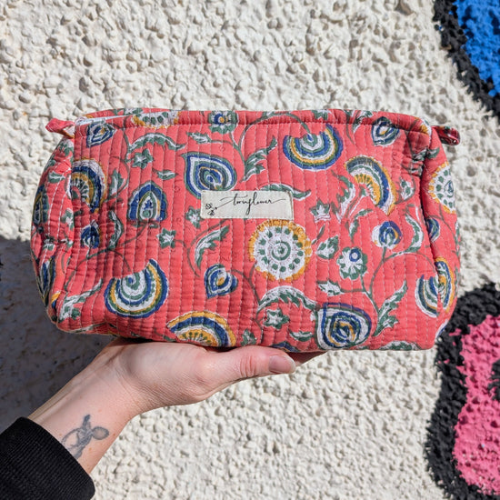 Fan Flower Pink Block Print Quilted Large Washbag - Precious Sparkle