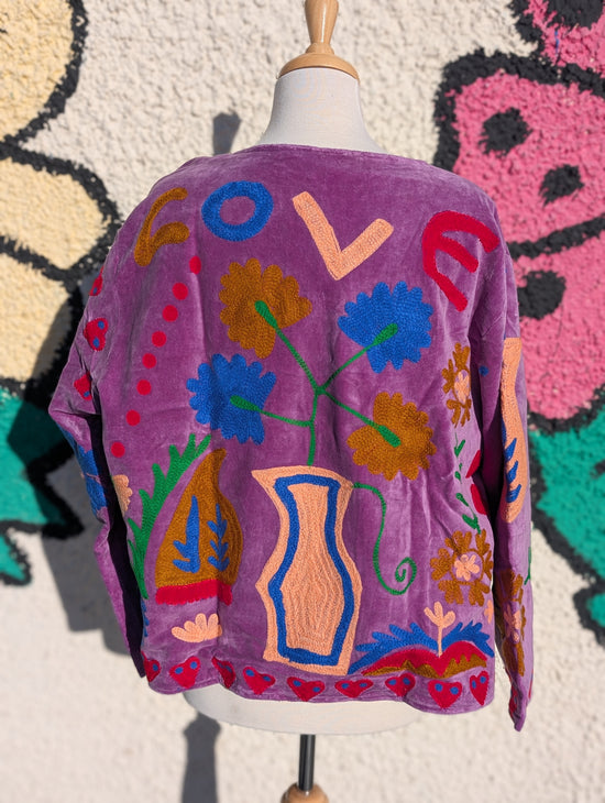 LOVE Lilac Velvet Suzani Kimono Embroidered Boho Jacket - Precious Sparkle