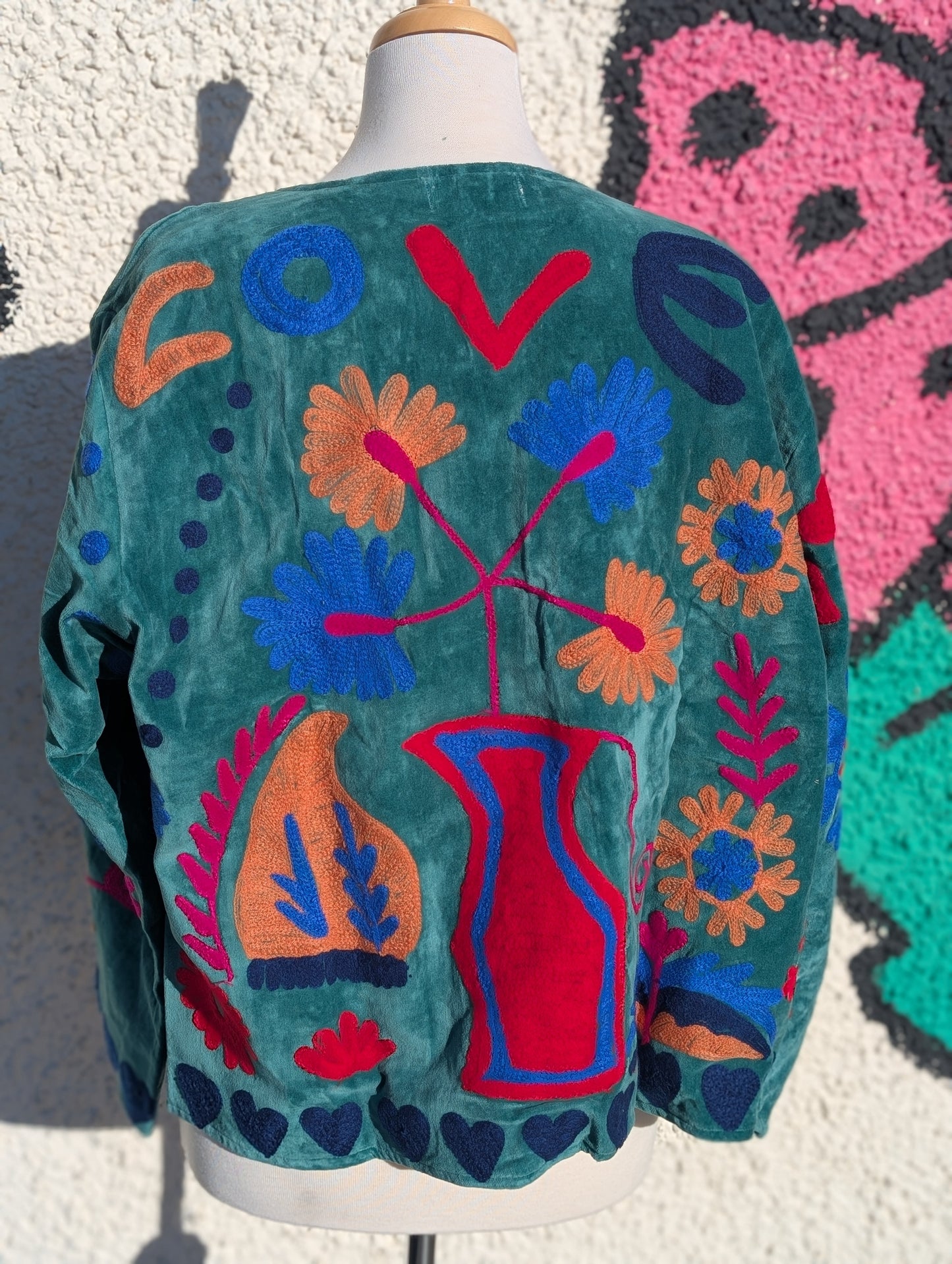 LOVE Green Velvet Suzani Kimono Embroidered Boho Jacket - Precious Sparkle