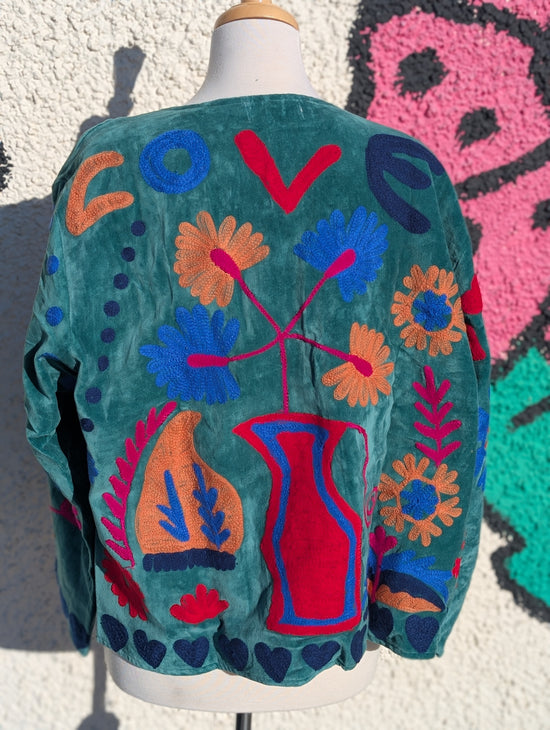 LOVE Green Velvet Suzani Kimono Embroidered Boho Jacket - Precious Sparkle