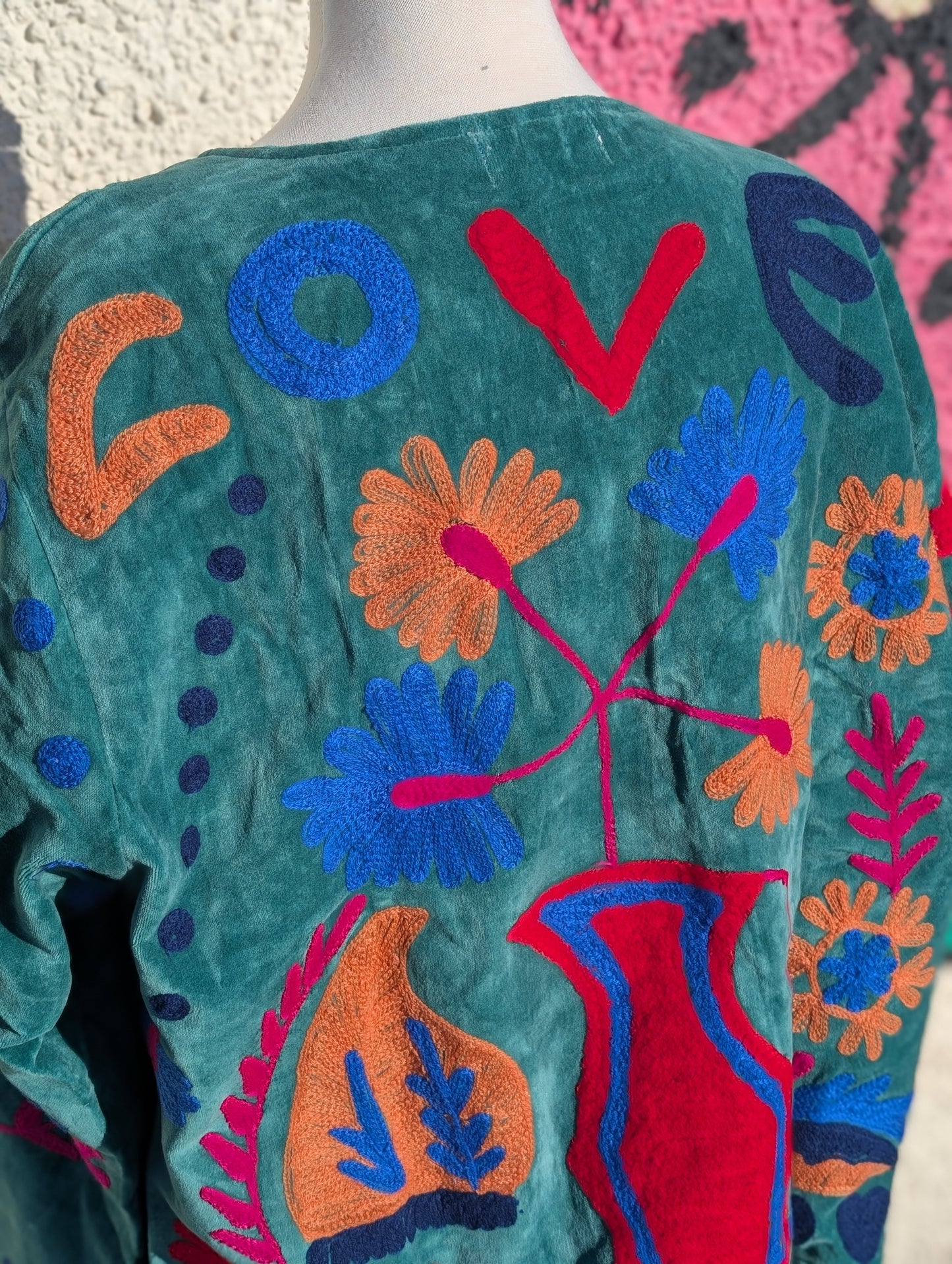 LOVE Green Velvet Suzani Kimono Embroidered Boho Jacket - Precious Sparkle