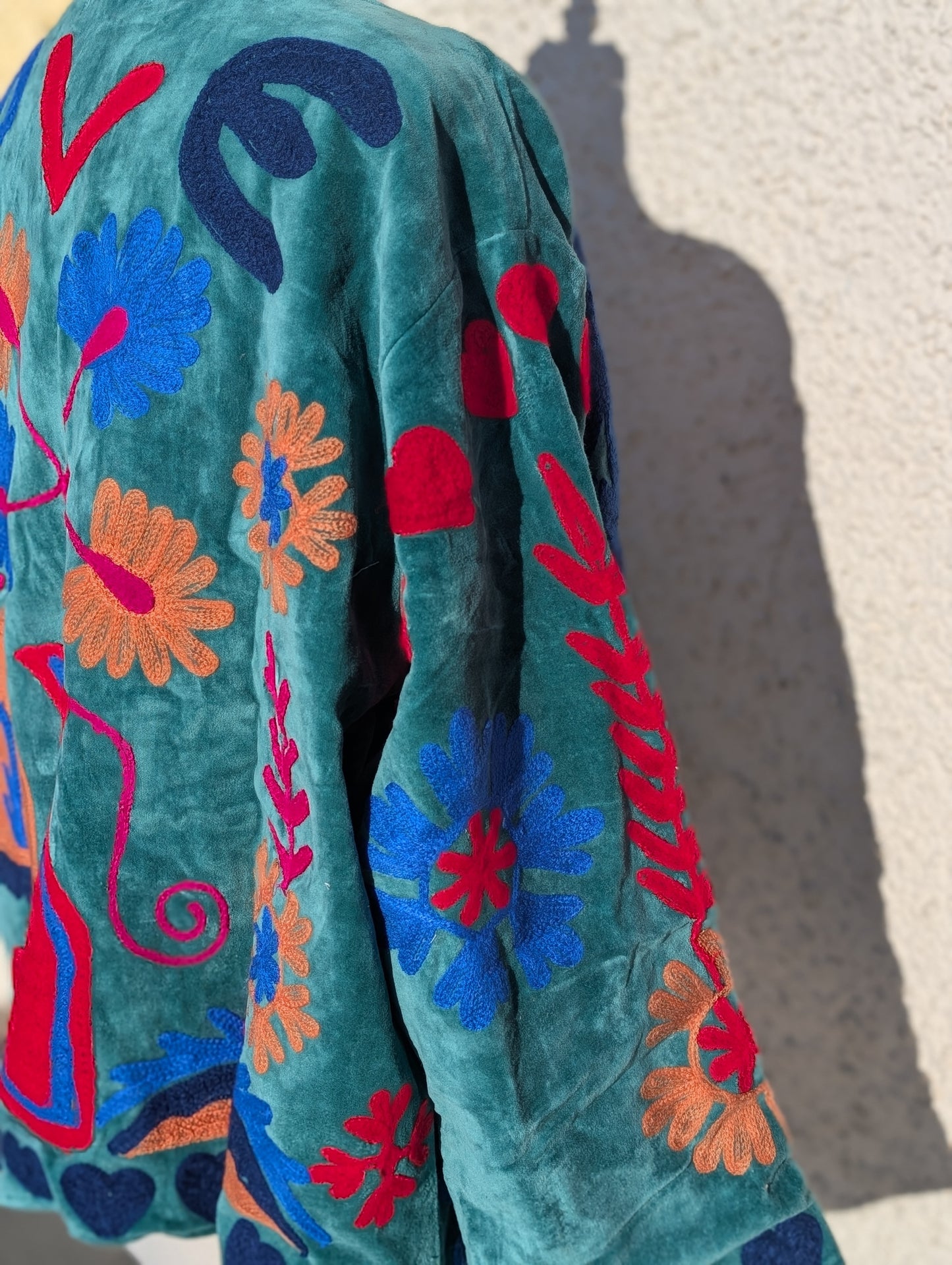 LOVE Green Velvet Suzani Kimono Embroidered Boho Jacket - Precious Sparkle