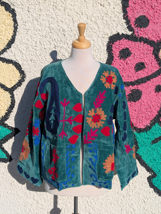 LOVE Green Velvet Suzani Kimono Embroidered Boho Jacket - Precious Sparkle