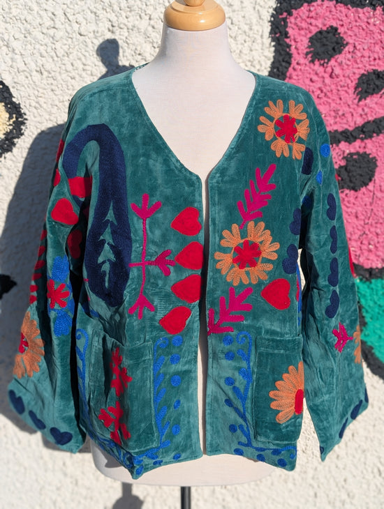 LOVE Green Velvet Suzani Kimono Embroidered Boho Jacket - Precious Sparkle