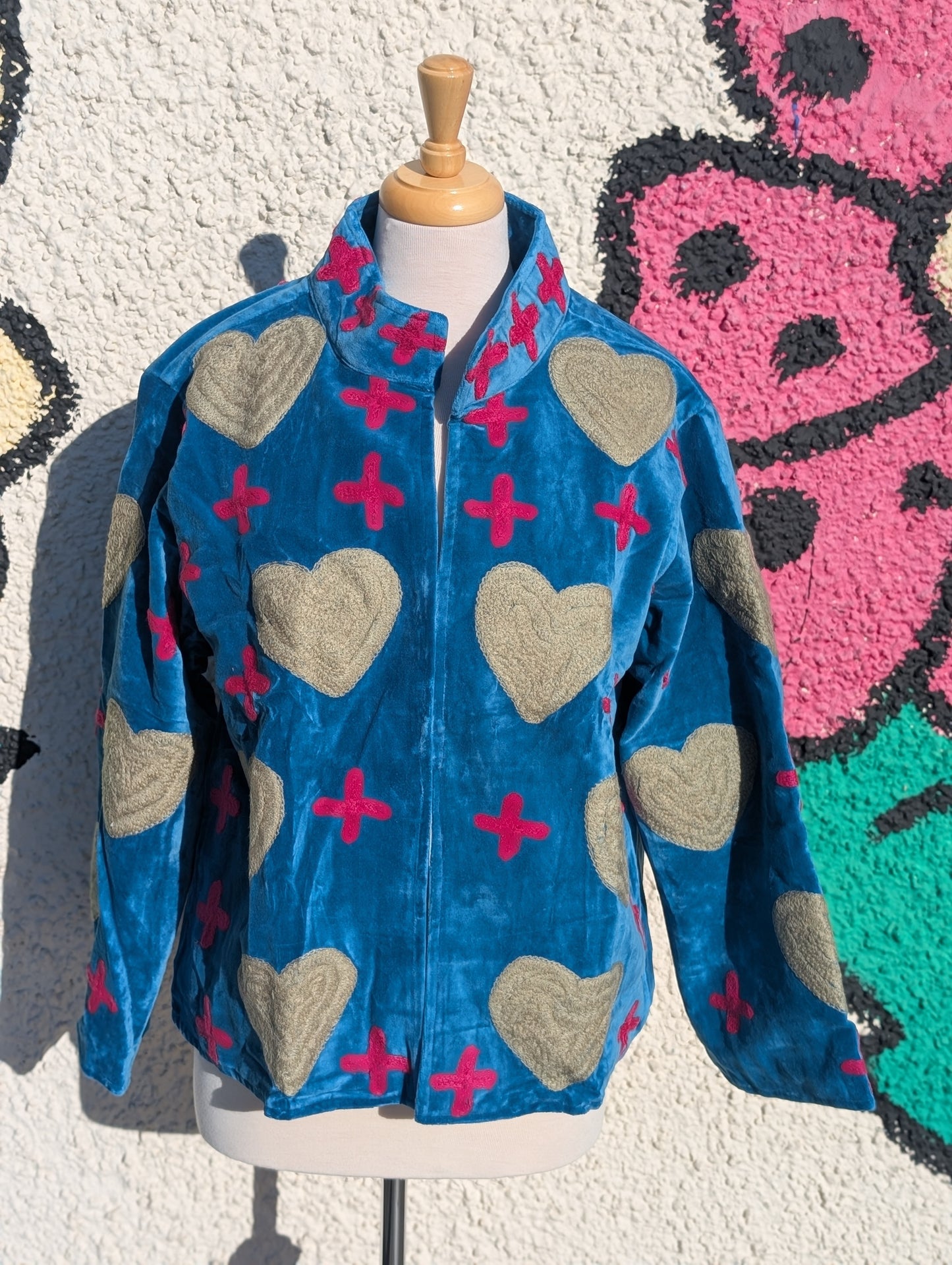 Blue Velvet Suzani Kimono Embroidered Heart Boho Jacket - Precious Sparkle