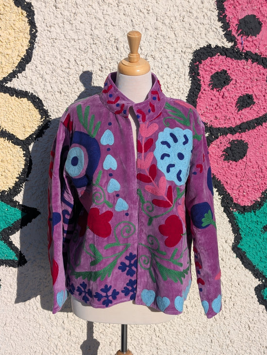 Purple Velvet Suzani Collared Embroidered Boho Jacket - Precious Sparkle