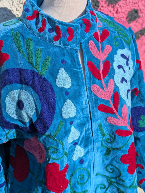 Blue Velvet Suzani Collared Embroidered Boho Jacket - Precious Sparkle