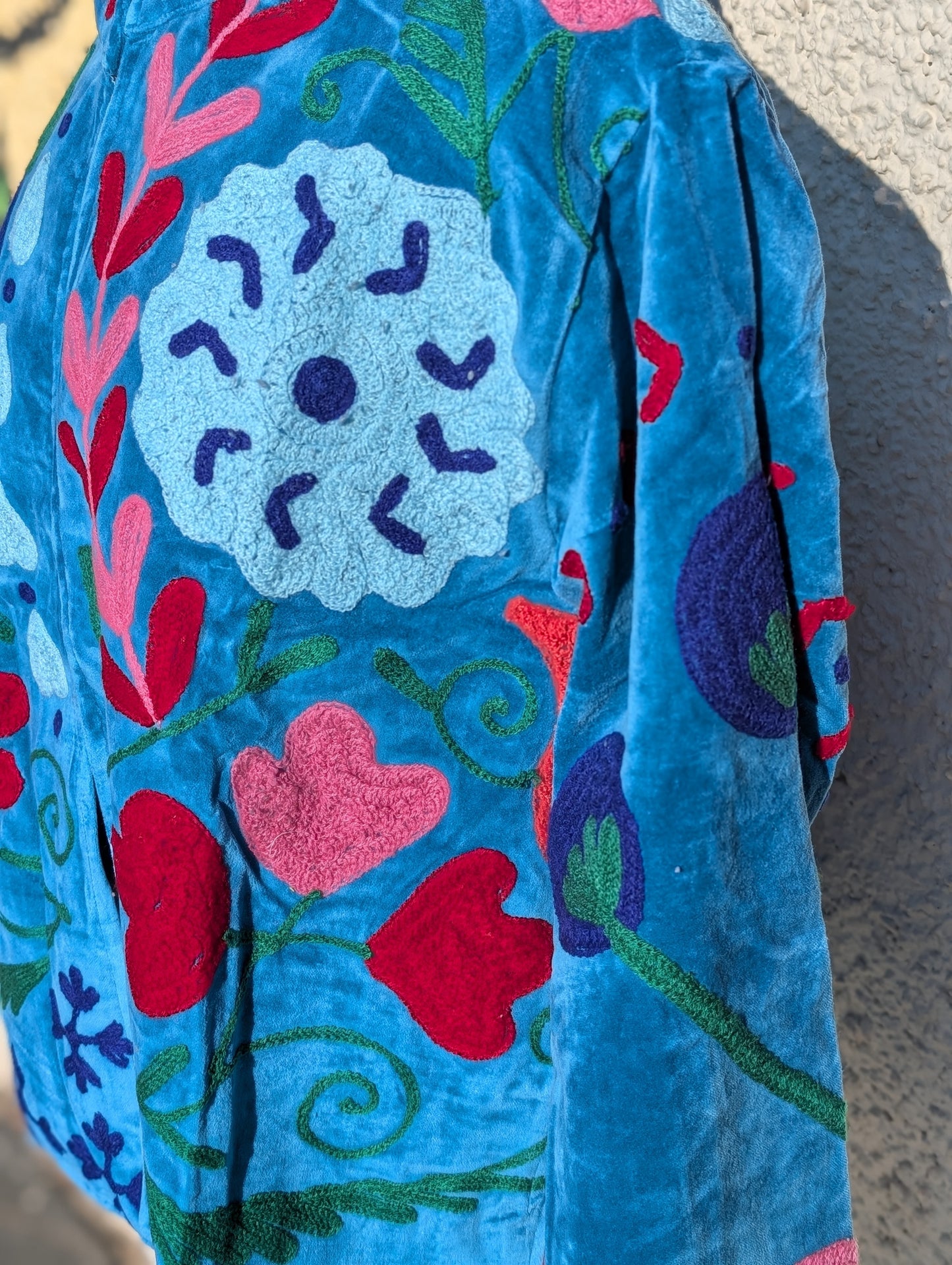 Blue Velvet Suzani Collared Embroidered Boho Jacket - Precious Sparkle