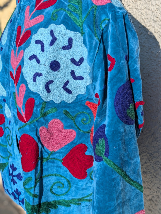 Blue Velvet Suzani Collared Embroidered Boho Jacket - Precious Sparkle