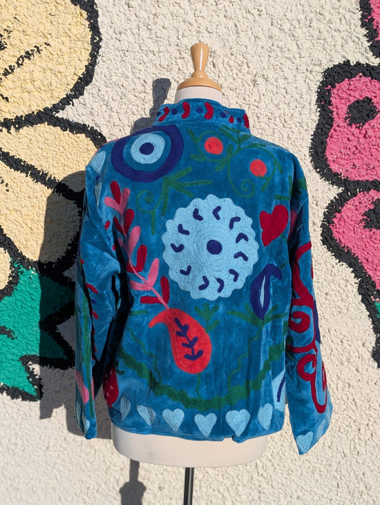 Blue Velvet Suzani Collared Embroidered Boho Jacket - Precious Sparkle