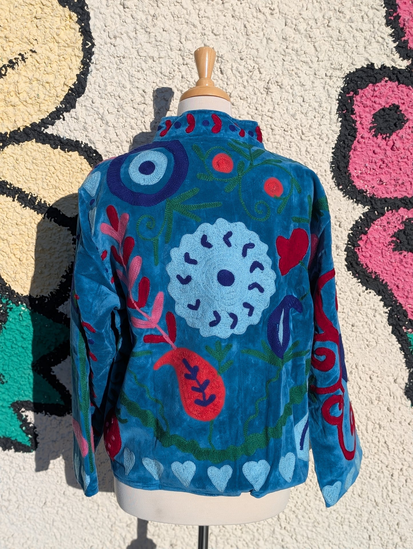 Blue Velvet Suzani Collared Embroidered Boho Jacket - Precious Sparkle