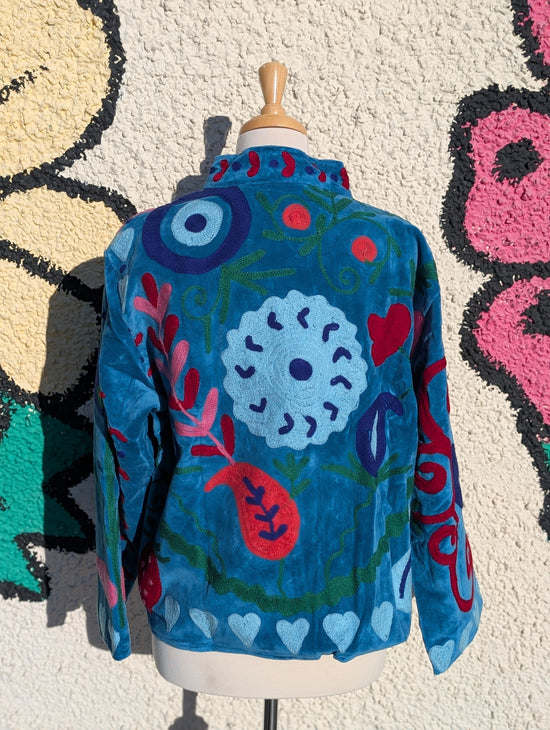 Blue Velvet Suzani Collared Embroidered Boho Jacket - Precious Sparkle
