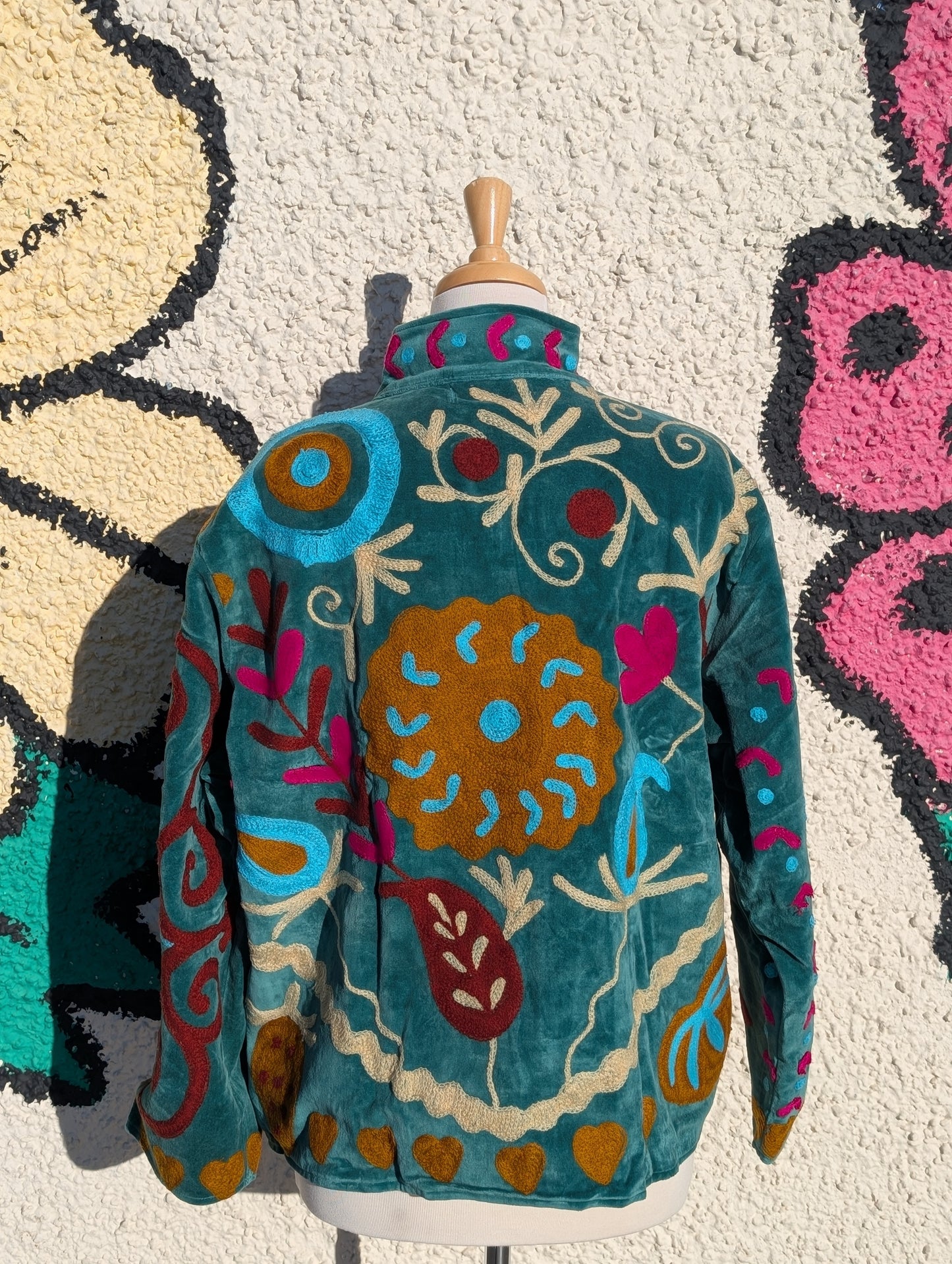 Teal Velvet Suzani Collared Embroidered Boho Jacket - Precious Sparkle