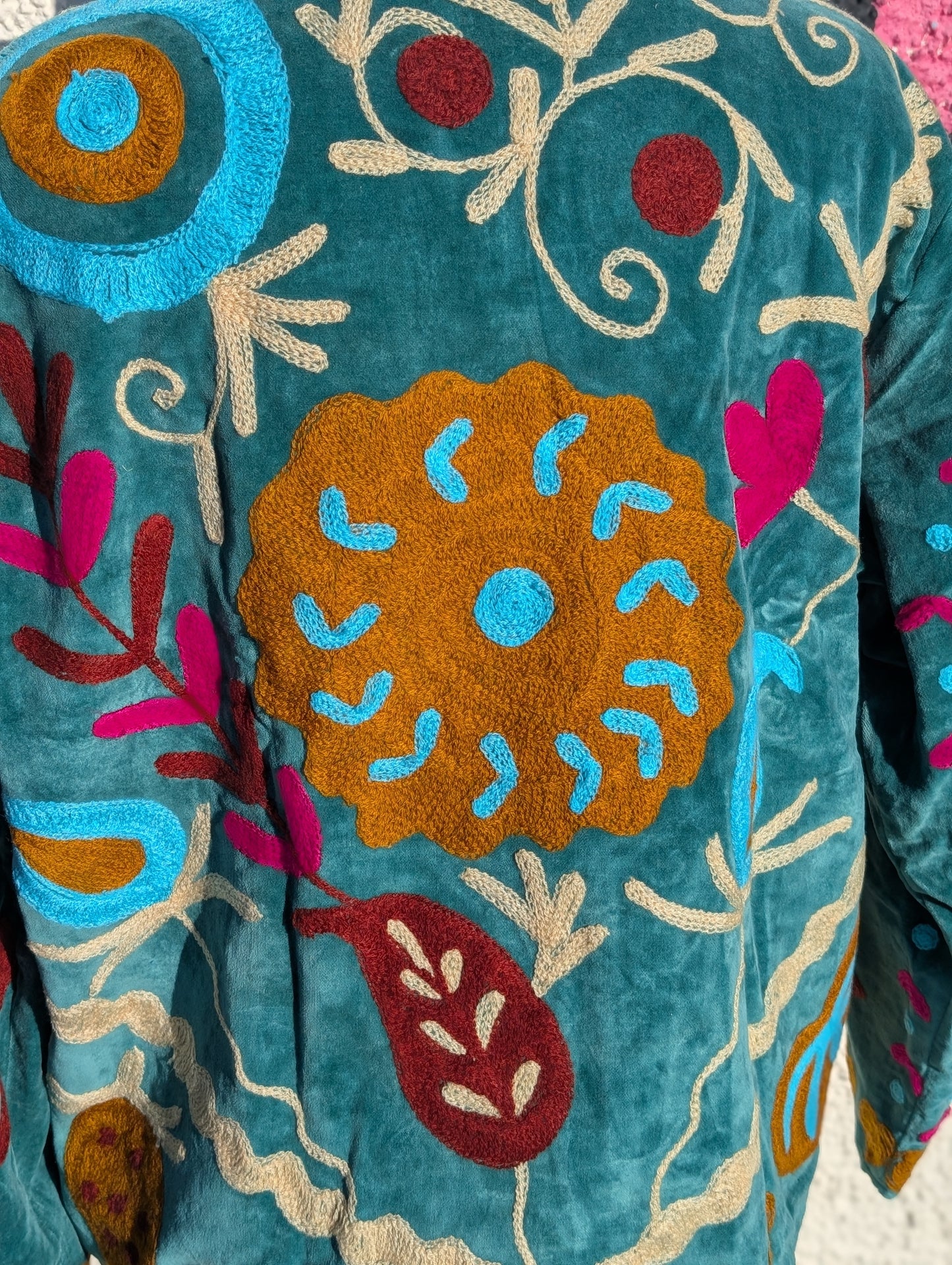 Teal Velvet Suzani Collared Embroidered Boho Jacket - Precious Sparkle