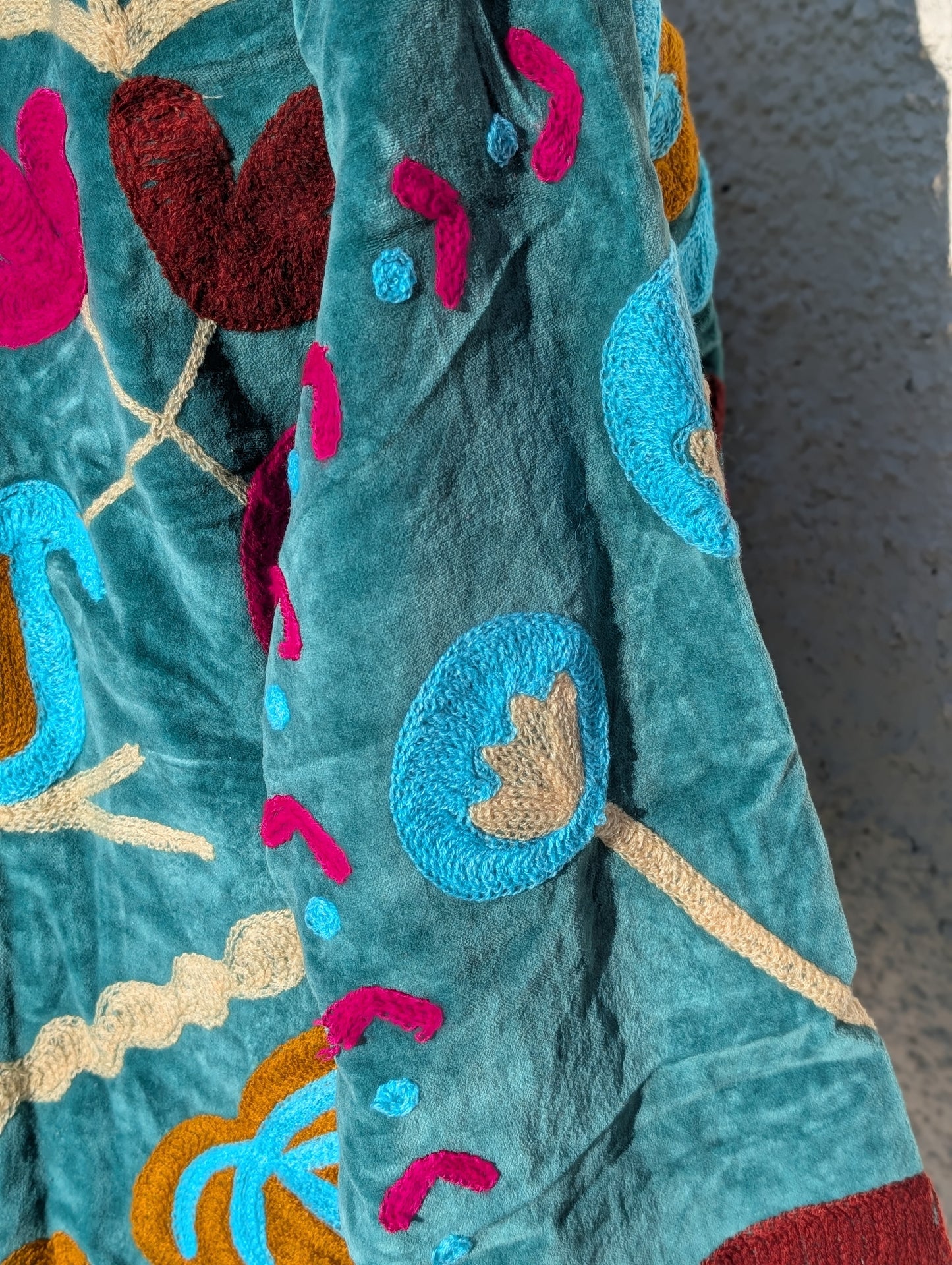 Teal Velvet Suzani Collared Embroidered Boho Jacket - Precious Sparkle