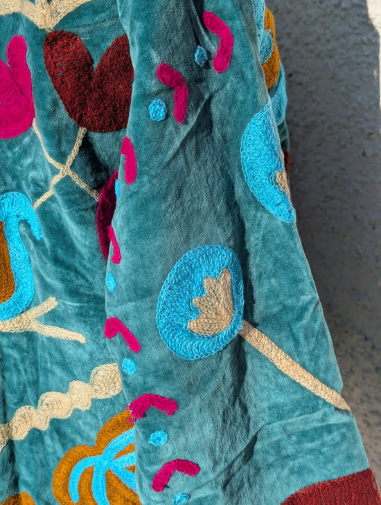 Teal Velvet Suzani Collared Embroidered Boho Jacket - Precious Sparkle