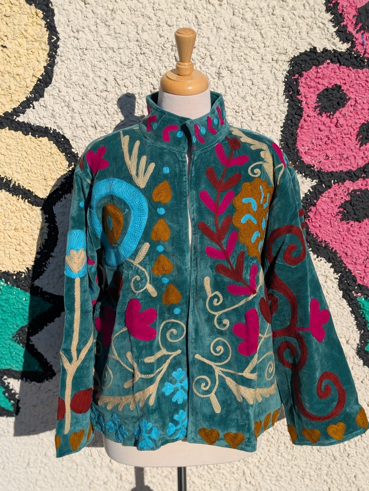 Teal Velvet Suzani Collared Embroidered Boho Jacket - Precious Sparkle