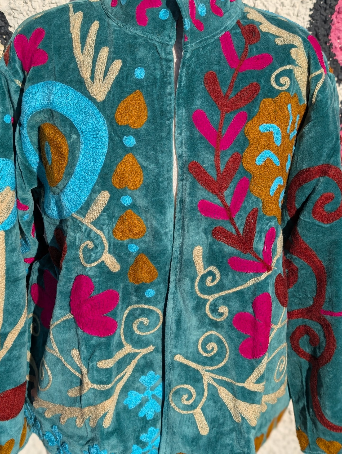 Teal Velvet Suzani Collared Embroidered Boho Jacket - Precious Sparkle