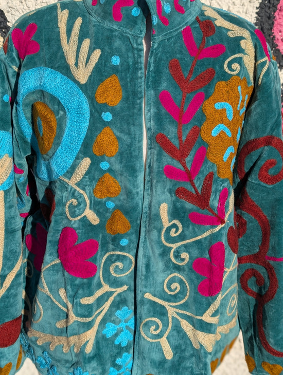 Teal Velvet Suzani Collared Embroidered Boho Jacket - Precious Sparkle