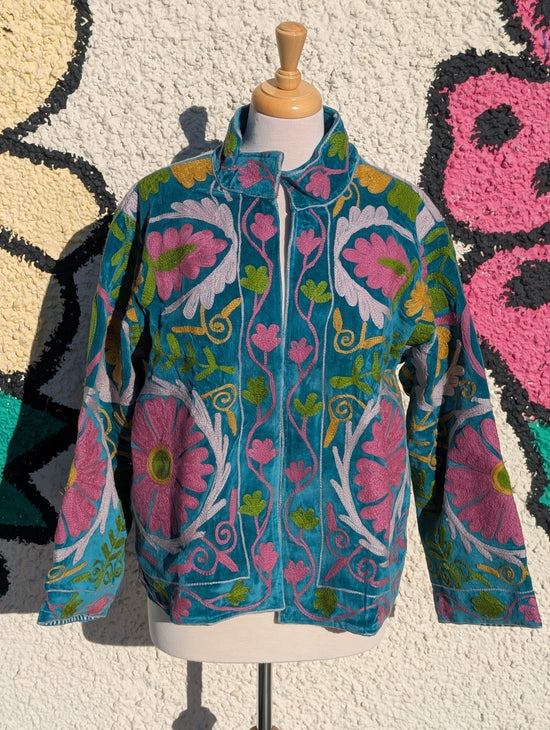 Teal & Pink Velvet Suzani Collared Embroidered Boho Jacket - Precious Sparkle