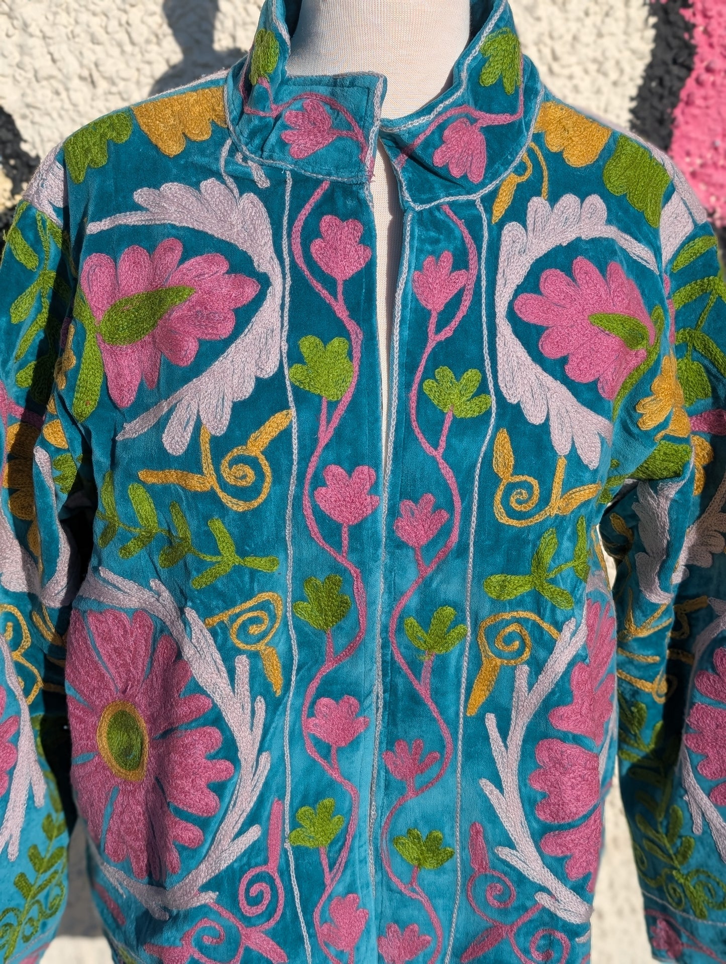 Teal & Pink Velvet Suzani Collared Embroidered Boho Jacket - Precious Sparkle