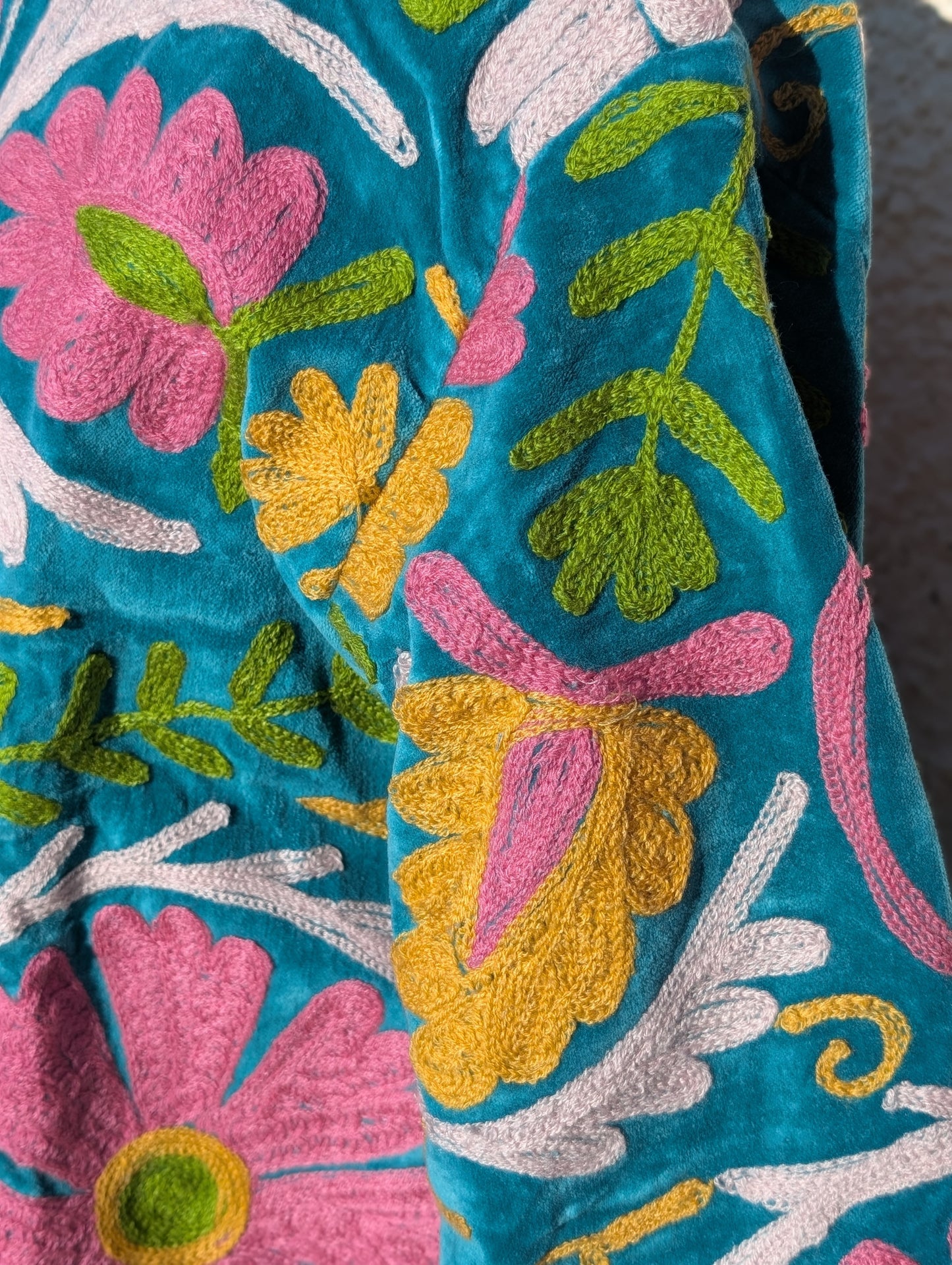 Teal & Pink Velvet Suzani Collared Embroidered Boho Jacket - Precious Sparkle