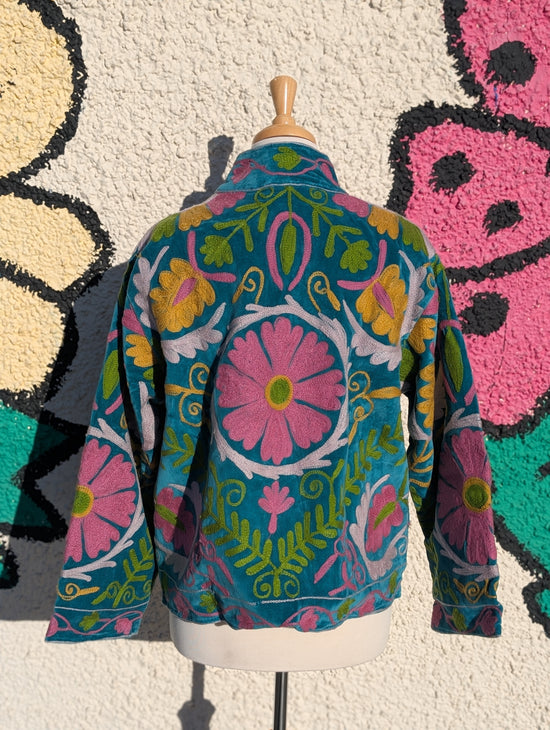 Teal & Pink Velvet Suzani Collared Embroidered Boho Jacket - Precious Sparkle