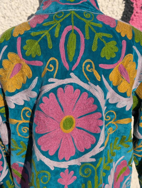 Teal & Pink Velvet Suzani Collared Embroidered Boho Jacket - Precious Sparkle