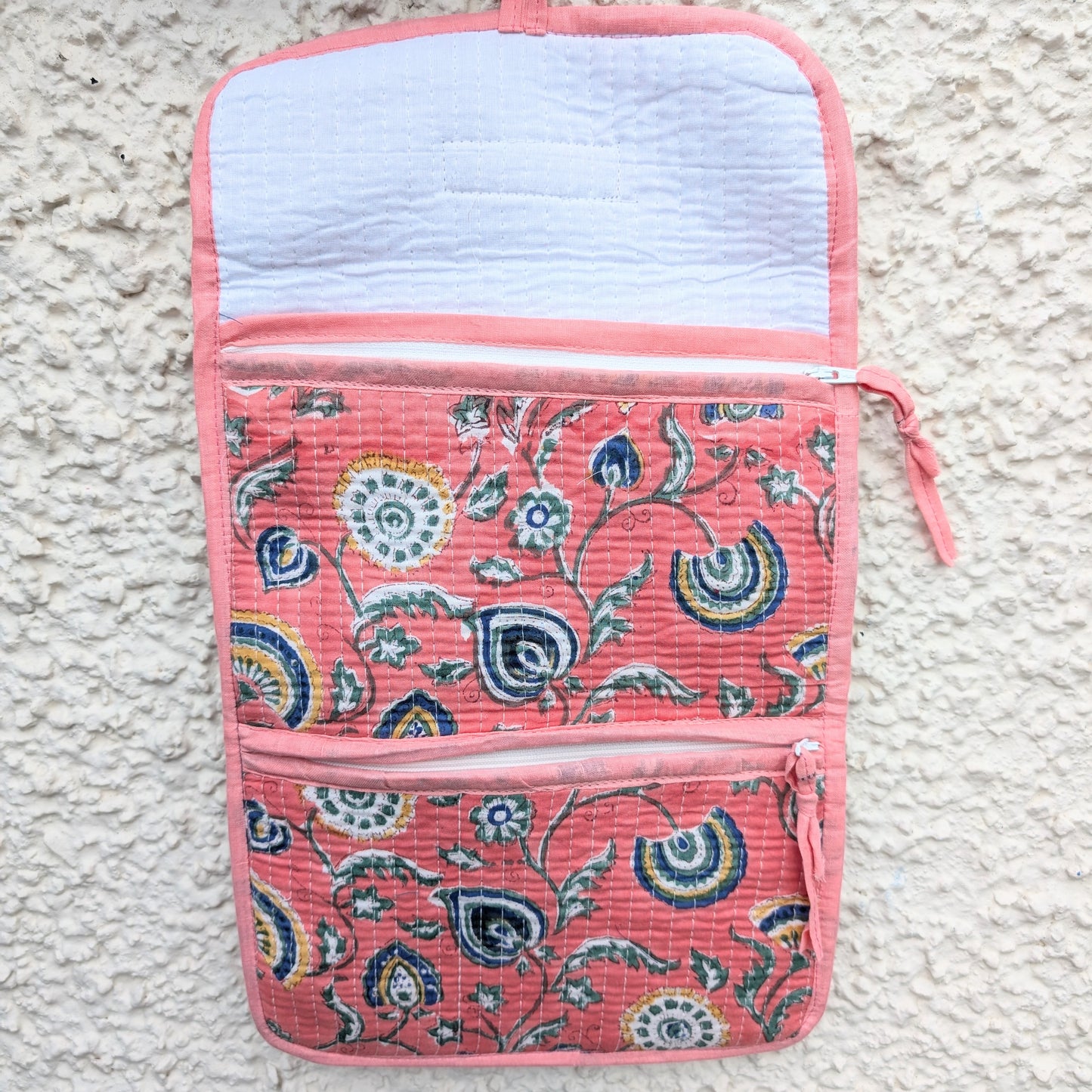 Fan Flower Pink Block Print Quilted 3 Fold Travel Bag - Precious Sparkle