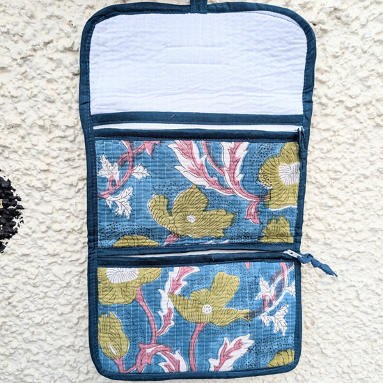 Blue & Green Floral Block Print Quilted 3 Fold Travel Bag - Precious Sparkle