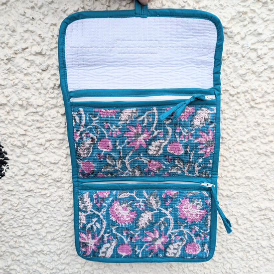 Teal & Pink Flower Block Print Quilted 3 Fold Travel Bag - Precious Sparkle