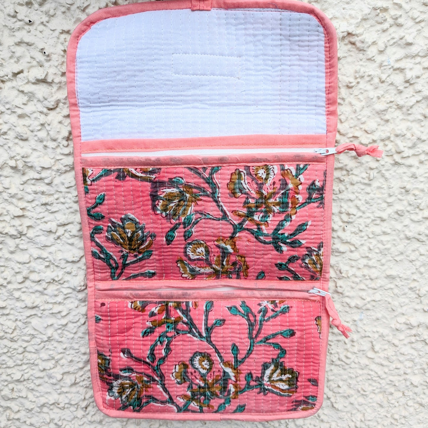 Pink Floral Block Print Quilted 3 Fold Travel Bag - Precious Sparkle