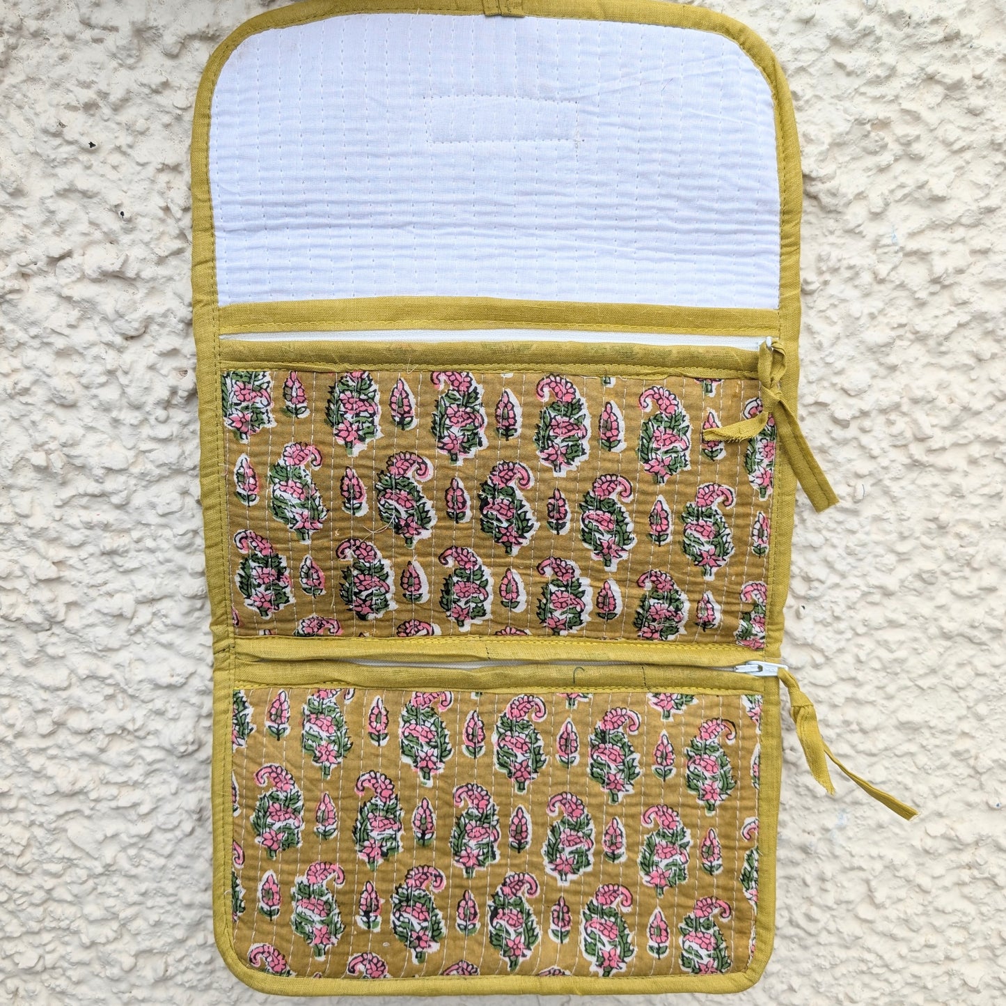Yellow & Pink Flower Block Print Quilted 3 Fold Travel Bag - Precious Sparkle