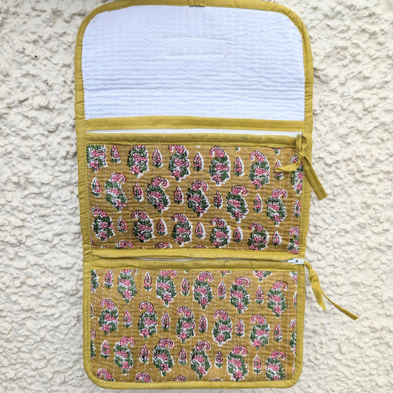 Yellow & Pink Flower Block Print Quilted 3 Fold Travel Bag - Precious Sparkle