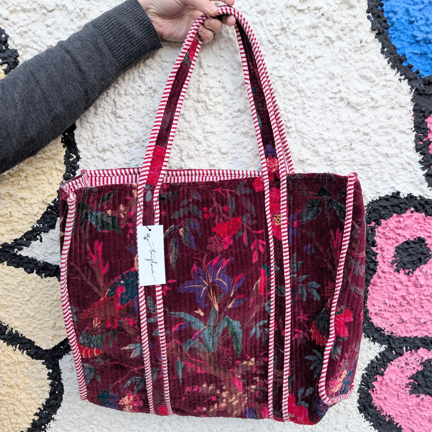 Velvet Quilted Indian Tote Bag -Paradise Merlot - Precious Sparkle