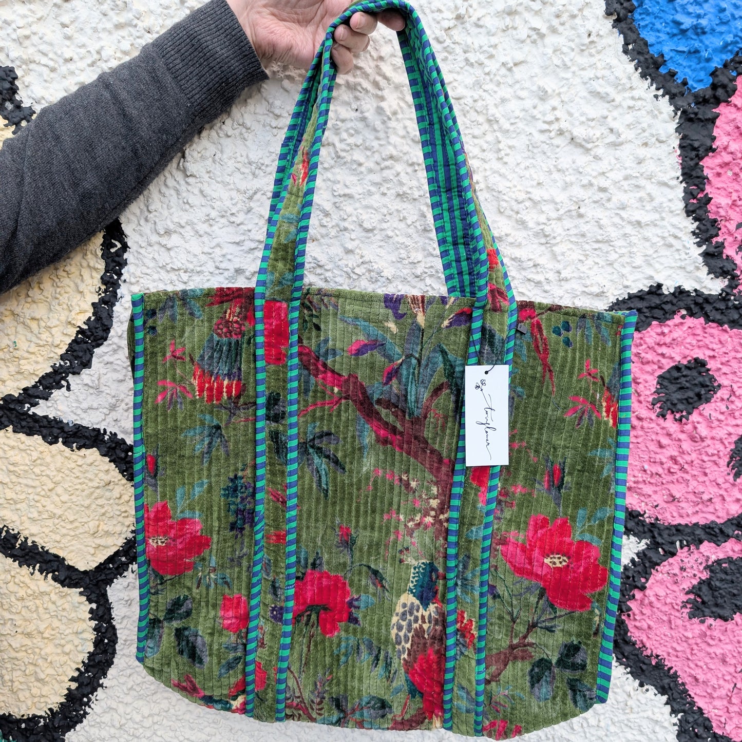 Velvet Quilted Indian Tote Bag -Paradise Green - Precious Sparkle