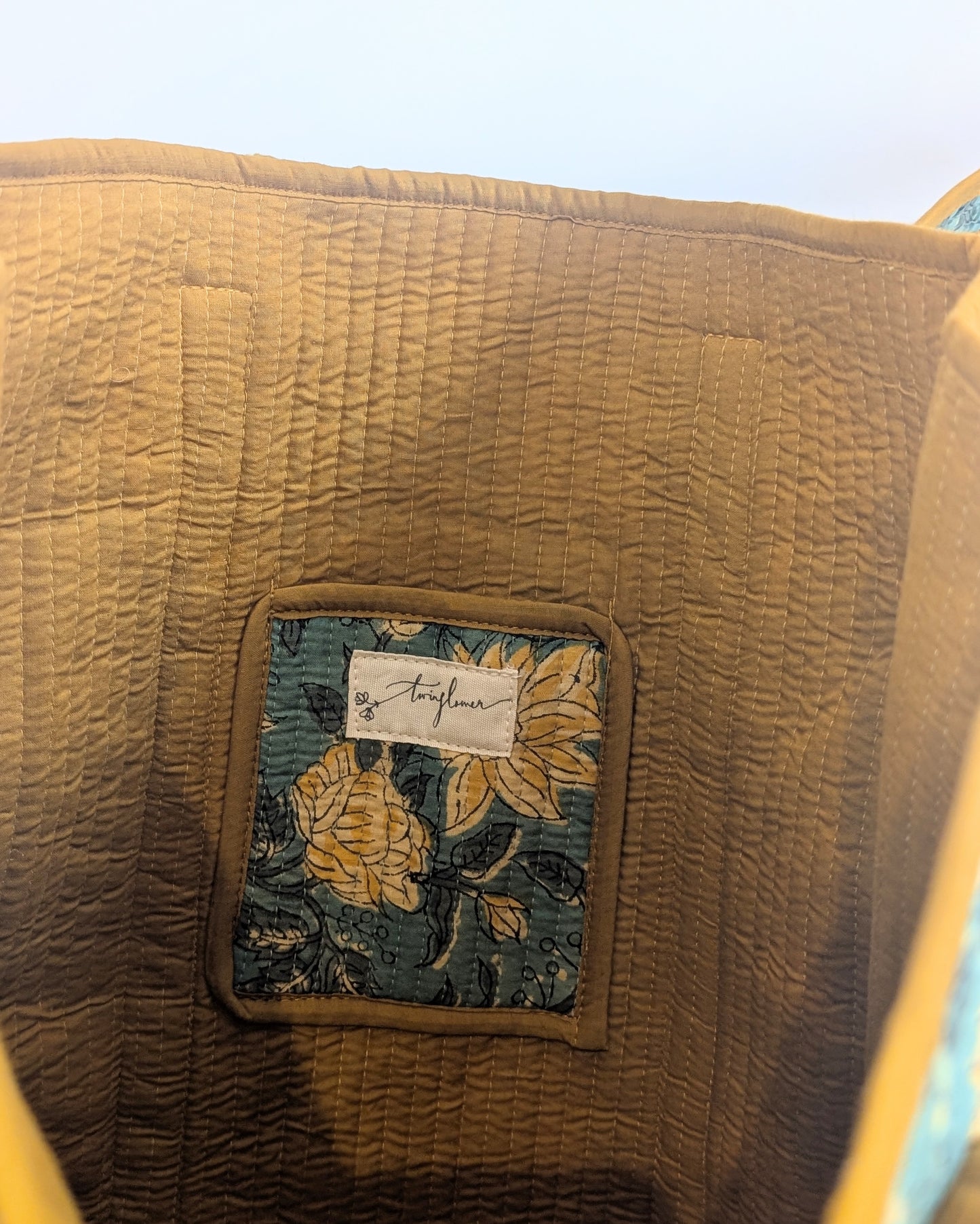 Teal & Yellow Floral Block Printed Tote Shoulder Bag - Precious Sparkle