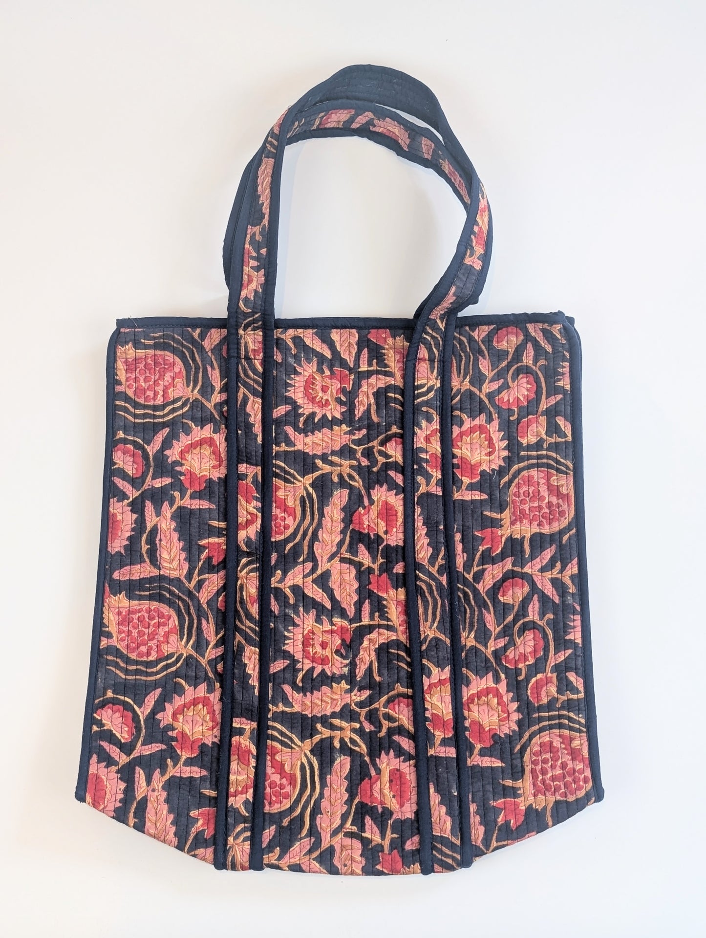 Deep Blue & Red Floral Block Printed Tote Shoulder Bag - Precious Sparkle